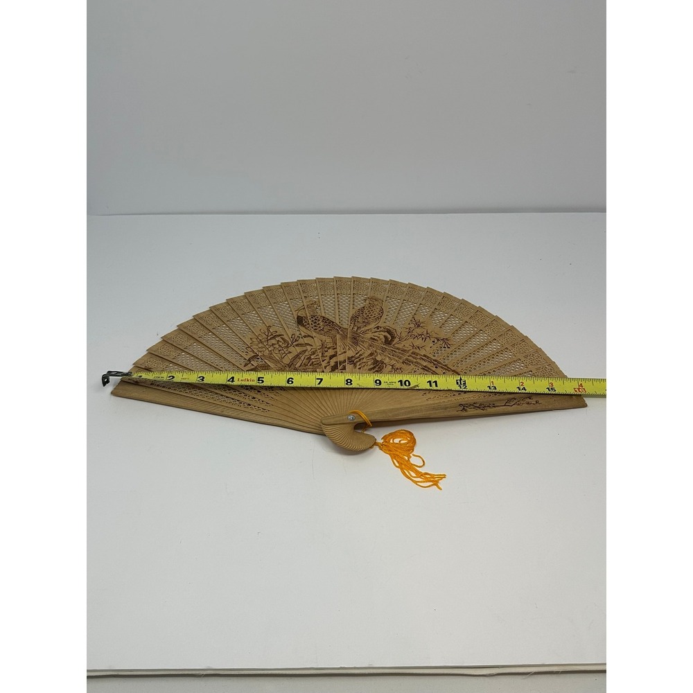 Vintage Chinese Sandalwood Folding Fan Carved Pheasant Design with‎ Brocade Box - Picture 9 of 14